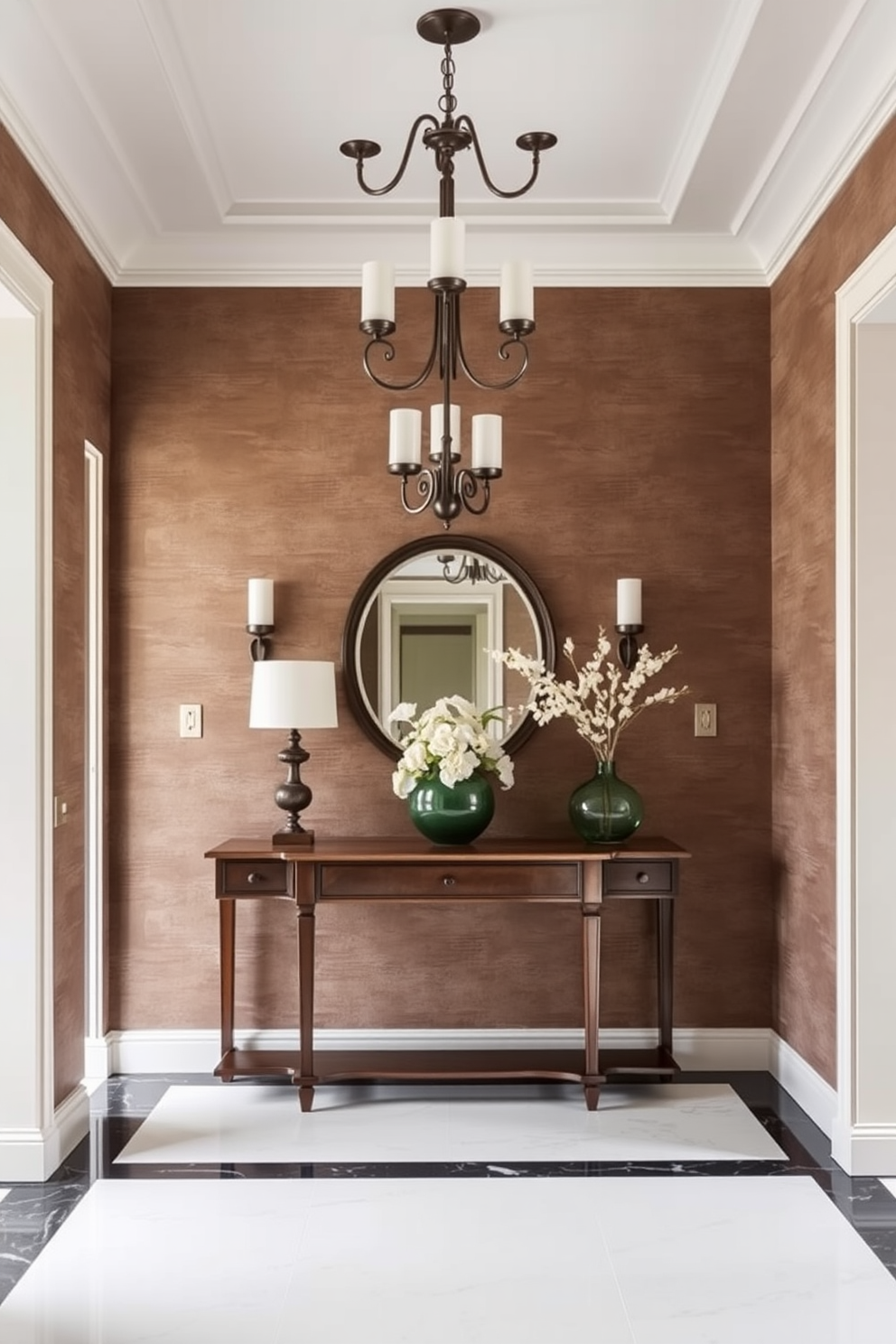 A stunning European foyer features textured wall finishes that add visual depth and sophistication. The space is adorned with elegant lighting fixtures and a classic console table, creating a warm and inviting entrance.