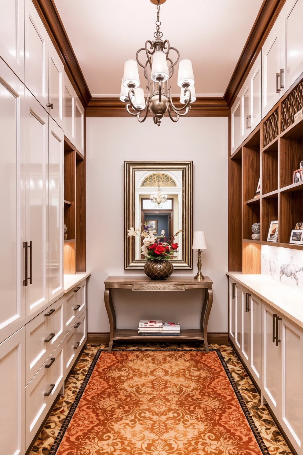 Custom cabinetry for organized storage features sleek lines and a combination of rich wood tones and soft white finishes. The cabinetry is designed to maximize space, with pull-out drawers and integrated lighting to highlight decorative items. European foyer design ideas embrace elegance and functionality with intricate tile patterns and a grand chandelier. The space is adorned with a stylish console table and a large mirror, creating a welcoming atmosphere that sets the tone for the rest of the home.