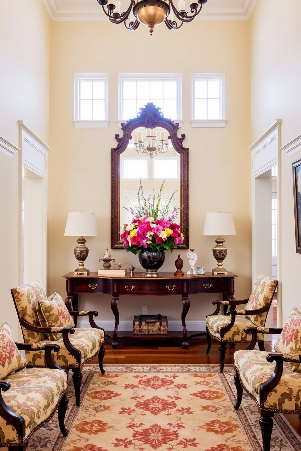 A grand foyer adorned with traditional prints on upholstery that exudes warmth and elegance. The walls are painted in a soft cream color, complemented by a rich wooden console table topped with decorative items and a vibrant floral arrangement. A large ornate mirror hangs above the console, reflecting the natural light that streams in through a pair of tall windows. The floor is covered with a plush area rug featuring classic patterns, adding comfort and sophistication to the space.