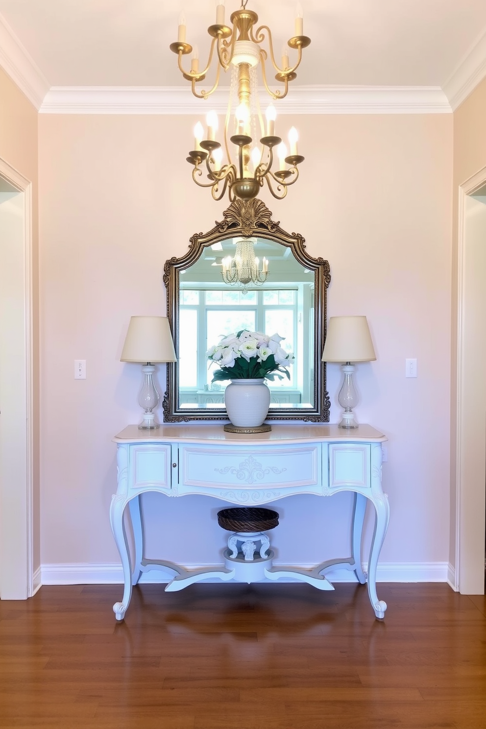 Antique console table with a decorative mirror creates an elegant focal point in the foyer. The walls are adorned with soft pastel colors, and a vintage chandelier hangs overhead, casting a warm glow.