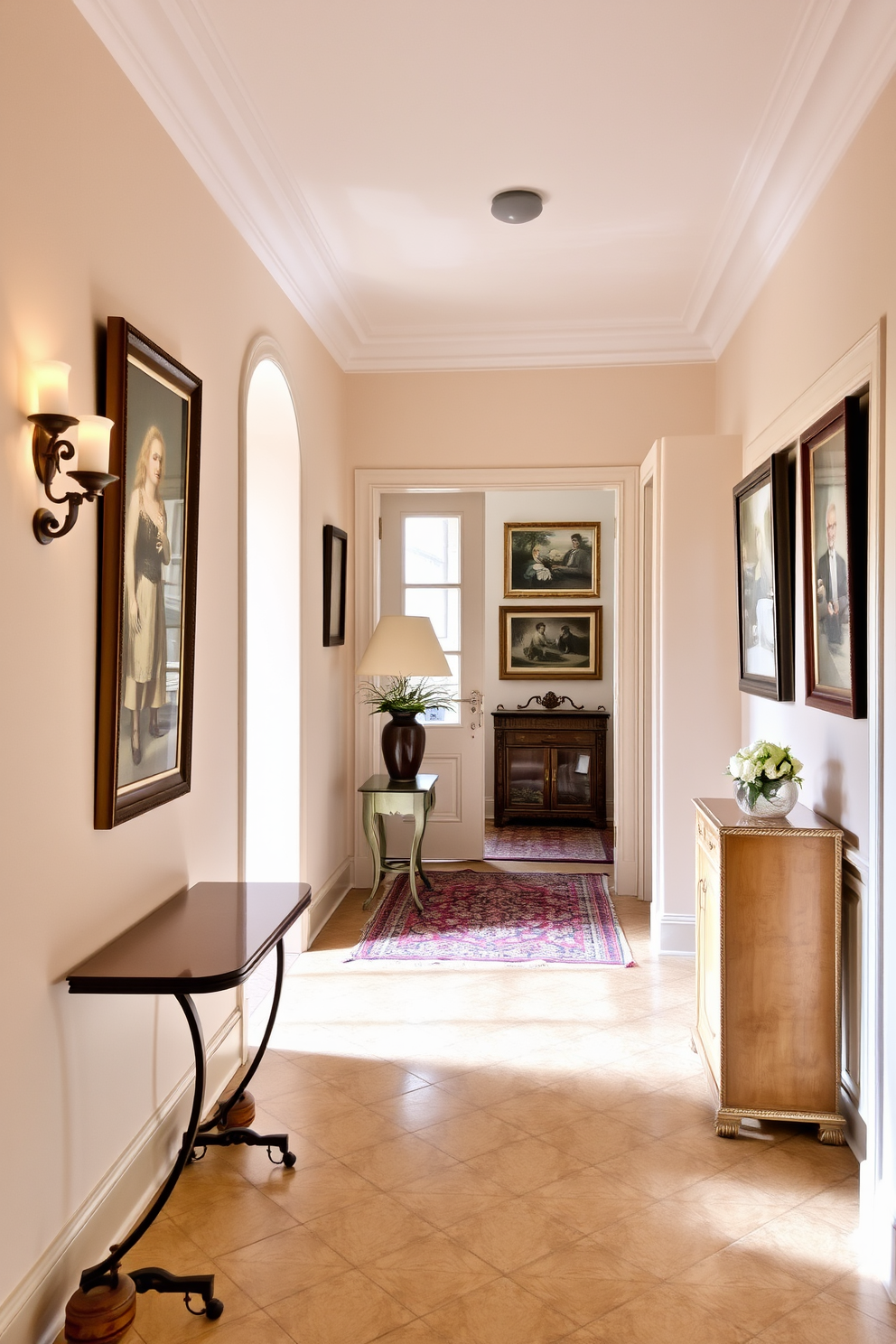 A European foyer with soft pastel walls creates a welcoming atmosphere. Framed artwork adorns the walls, adding a touch of elegance and personality to the space.