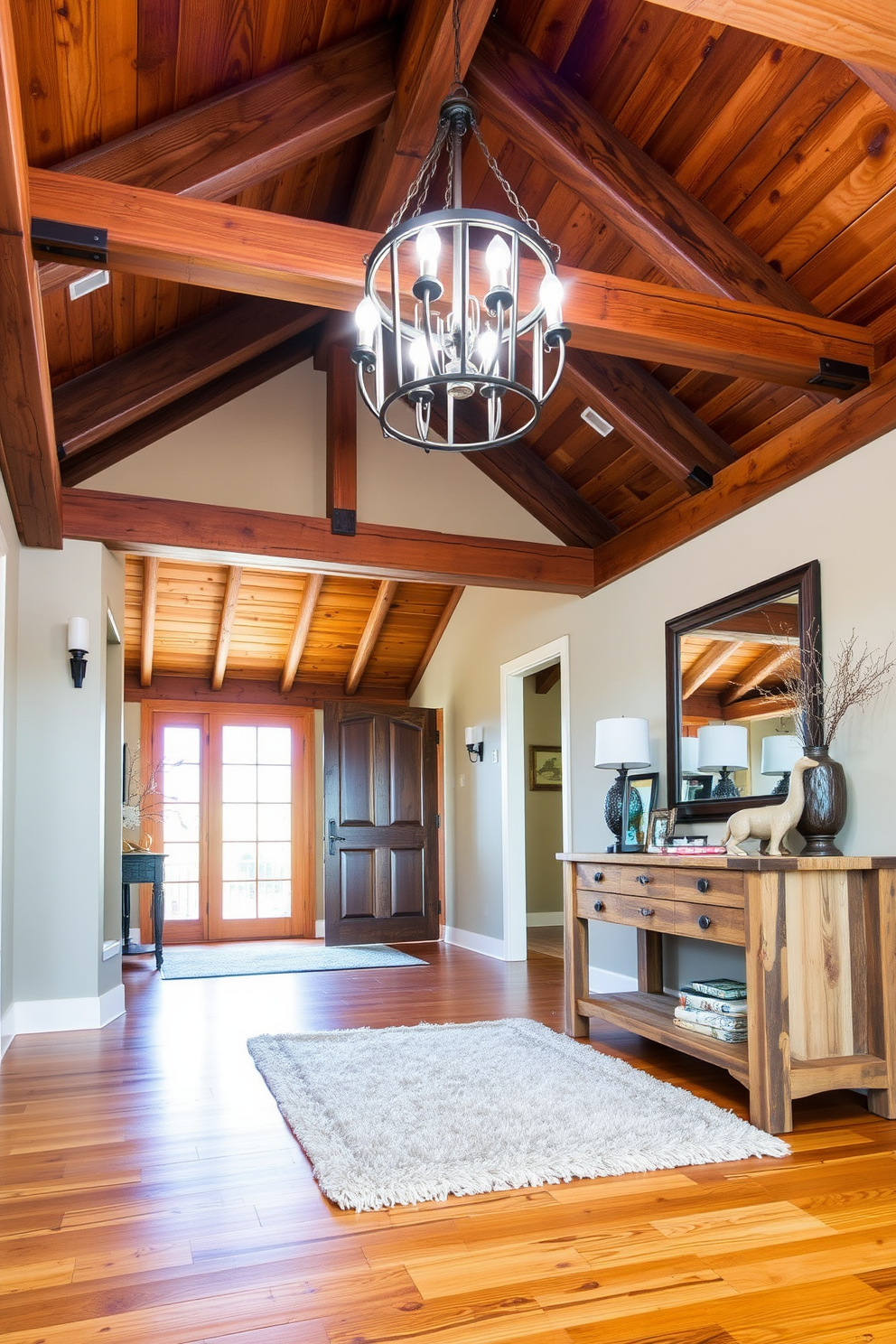 A welcoming foyer featuring rustic wooden beams that create a cozy ambiance. The space is adorned with a large, vintage chandelier hanging from the ceiling, illuminating the warm-toned wooden floors. To the right, a stylish console table made of reclaimed wood is topped with decorative items and a mirror. A plush area rug lies beneath, adding texture and comfort to the entryway.