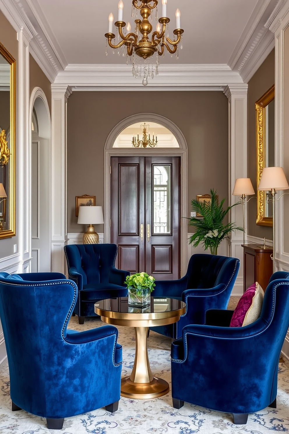 Luxurious velvet seating creates an inviting atmosphere in a European foyer. The plush chairs are upholstered in rich jewel tones, complemented by elegant gold accents throughout the space.