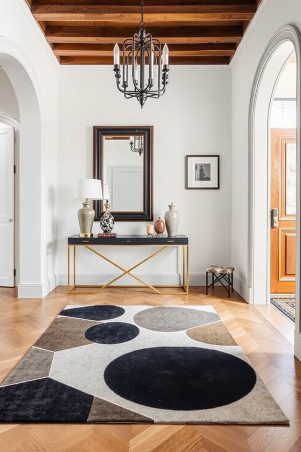 A stylish area rug with geometric shapes anchors the European foyer, adding a contemporary touch to the space. The foyer features an elegant console table adorned with decorative objects and a large mirror that reflects natural light.