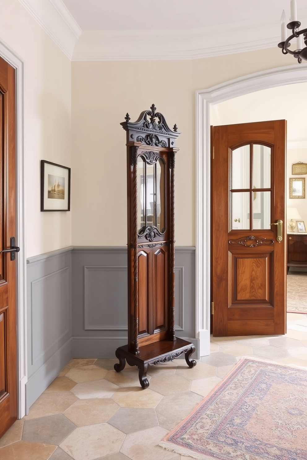 A vintage coat rack stands elegantly in a spacious European foyer, crafted from rich oak with intricate carvings that showcase its timeless appeal. The walls are adorned with soft pastel shades, while a patterned area rug adds warmth and texture to the polished stone floor.