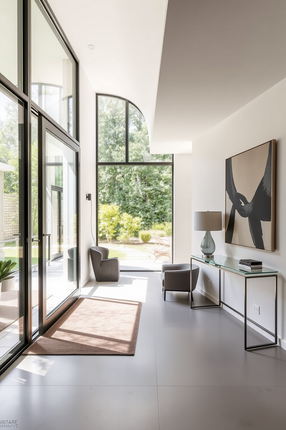 A modern European foyer features sleek glass doors that create an inviting entrance filled with natural light. The space is accented with minimalist furniture, including a stylish console table and a statement artwork that enhances the contemporary aesthetic.