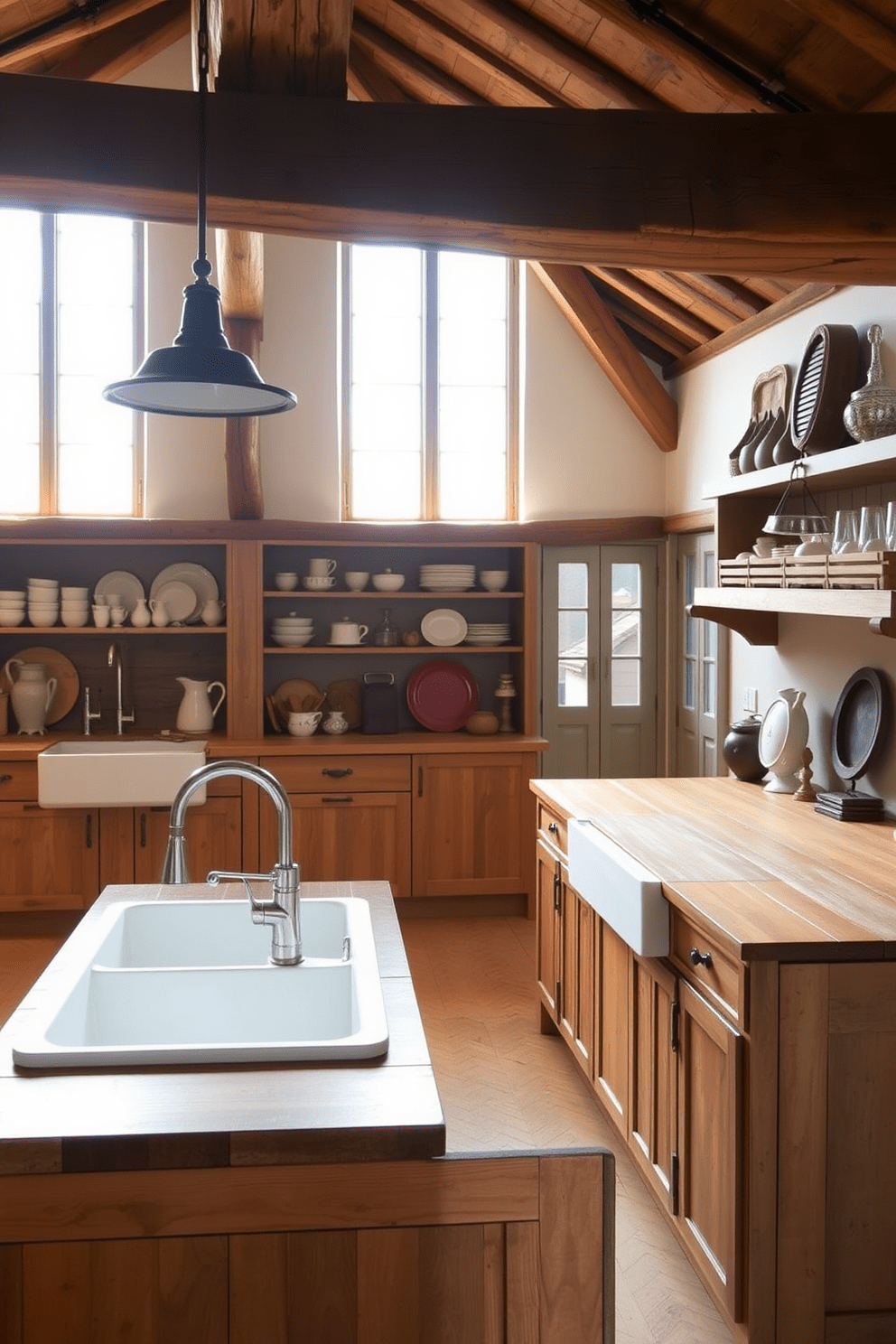 A cozy European kitchen featuring rustic wooden beams across the ceiling creates a warm and inviting atmosphere. The kitchen includes a large farmhouse sink, wooden cabinetry with a distressed finish, and a spacious island topped with a butcher block surface. Natural light pours in through large windows, illuminating the space and highlighting the earthy color palette. Vintage-inspired fixtures and open shelving display charming dishware, enhancing the kitchen's rustic charm.