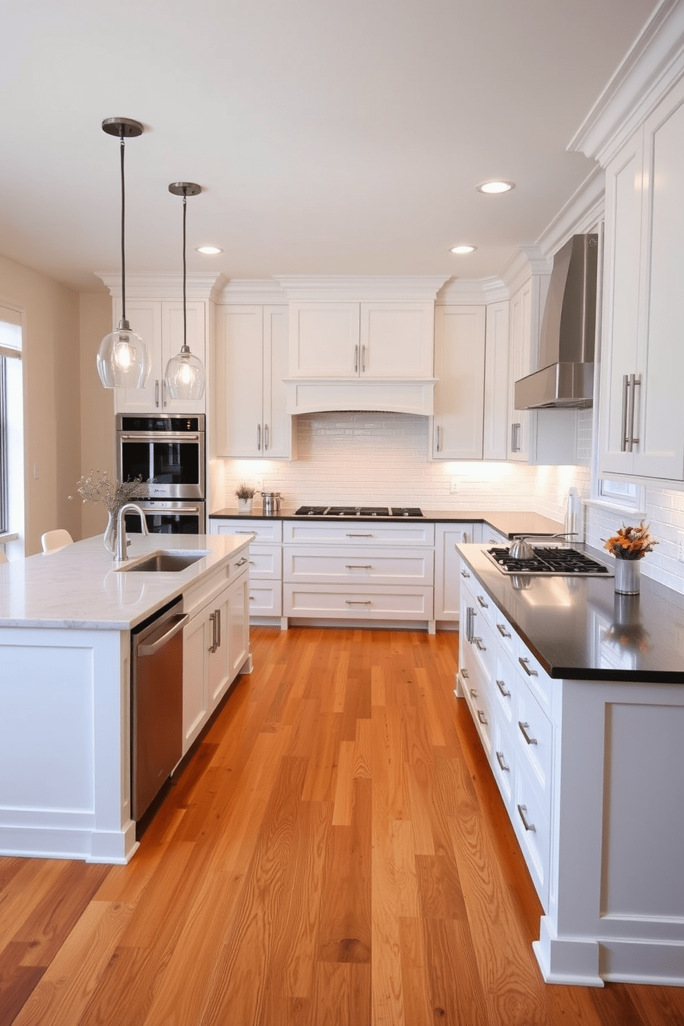 A large kitchen island serves as the focal point of the space, featuring a sleek quartz countertop with ample room for meal prep and casual dining. Surrounding the island, custom cabinetry in a soft white finish complements the warm wood tones of the flooring, creating an inviting atmosphere. The kitchen is adorned with modern stainless steel appliances and a stylish backsplash that adds a touch of elegance. Pendant lights hang above the island, providing both functionality and a contemporary aesthetic to the overall design.