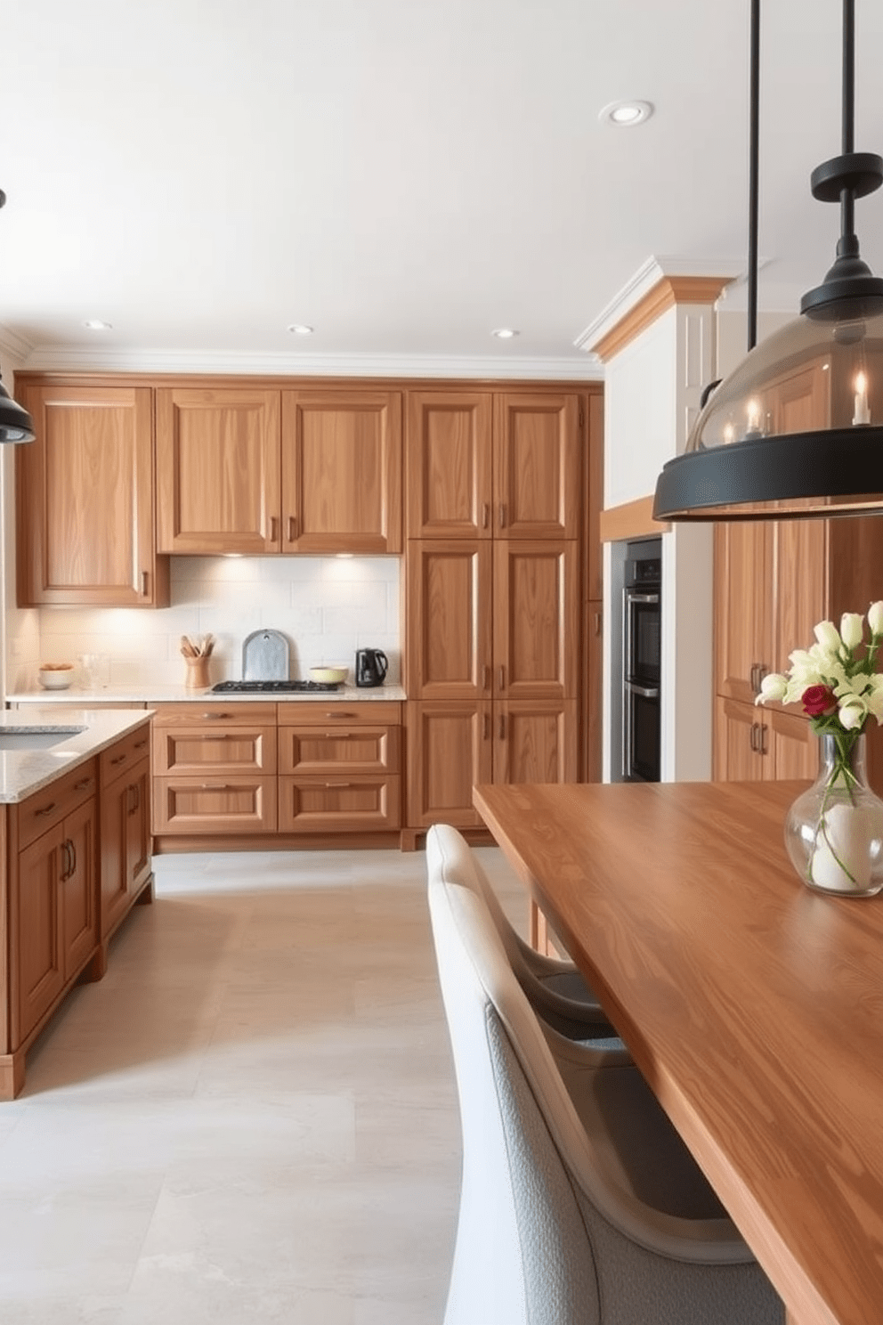 Natural wood cabinetry for warmth and texture creates an inviting atmosphere in a European kitchen. The space features soft neutral tones, elegant lighting, and a large island with bar seating that complements the cabinetry.