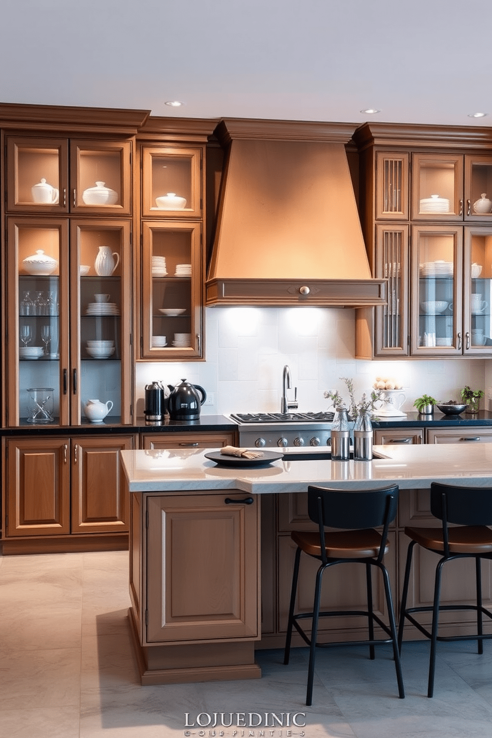 A European kitchen featuring elegant glass-front cabinets that showcase fine dishware. The cabinets are framed in a warm wood finish, complementing the light-colored countertops and backsplash. A large central island serves as both a functional workspace and a gathering place, with stylish bar stools arranged around it. Soft ambient lighting illuminates the space, enhancing the cozy yet sophisticated atmosphere.