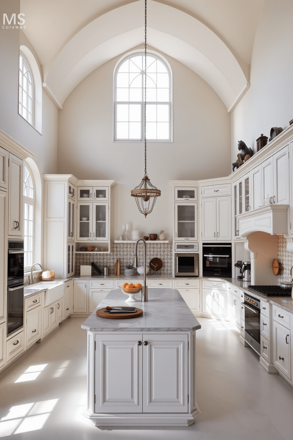 A spacious European kitchen with high ceilings that enhance the feeling of openness. The design features elegant cabinetry in a soft white finish, complemented by a large central island with a marble countertop. Natural light floods the room through tall windows, illuminating the space and highlighting the intricate tile backsplash. A mix of modern appliances and vintage accents create a harmonious blend of contemporary and classic styles.