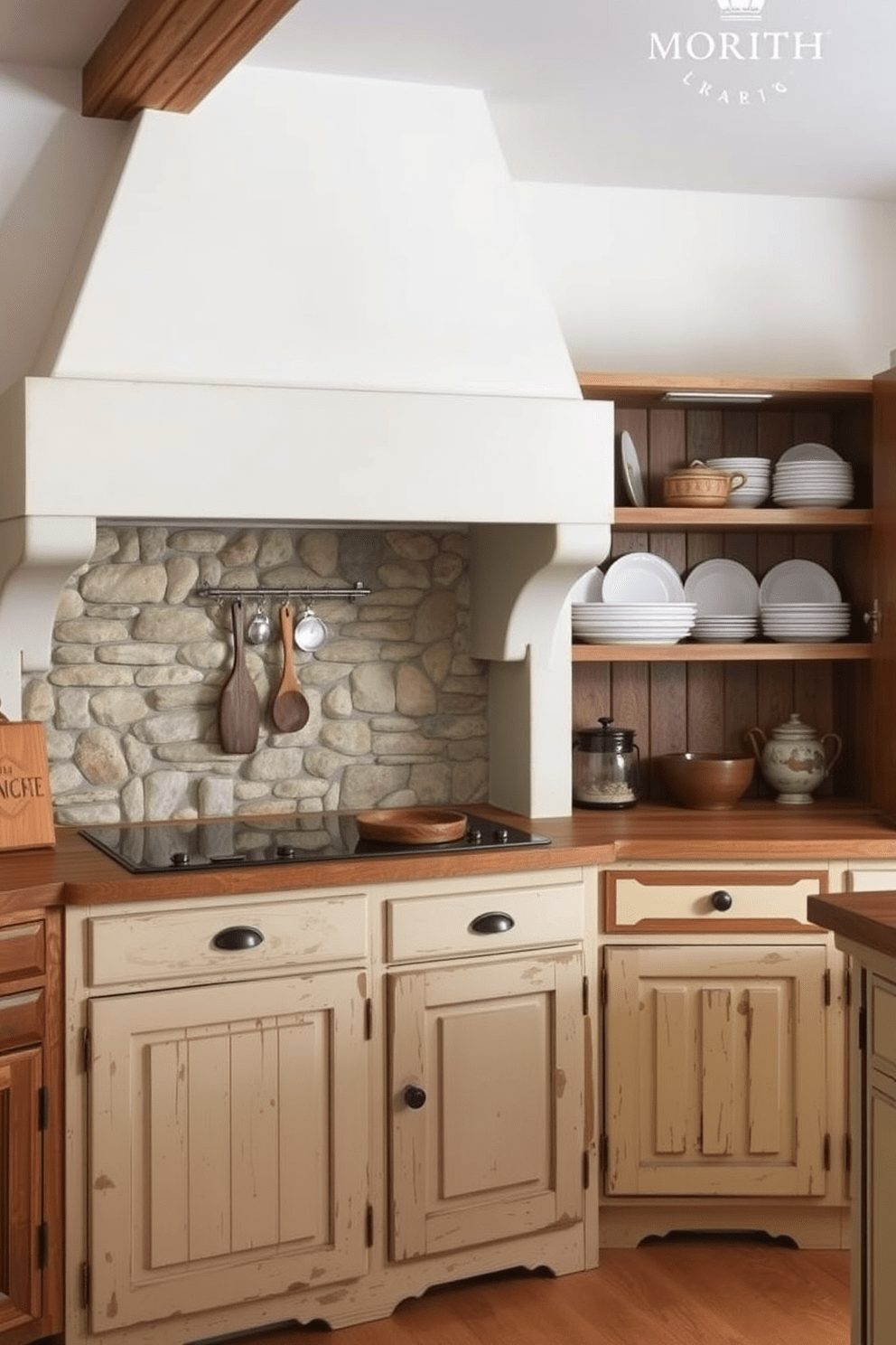 A rustic European kitchen featuring a stone backsplash that adds warmth and texture to the space. The cabinetry is a mix of distressed wood and creamy white, complemented by vintage hardware and open shelving displaying artisanal dishware.