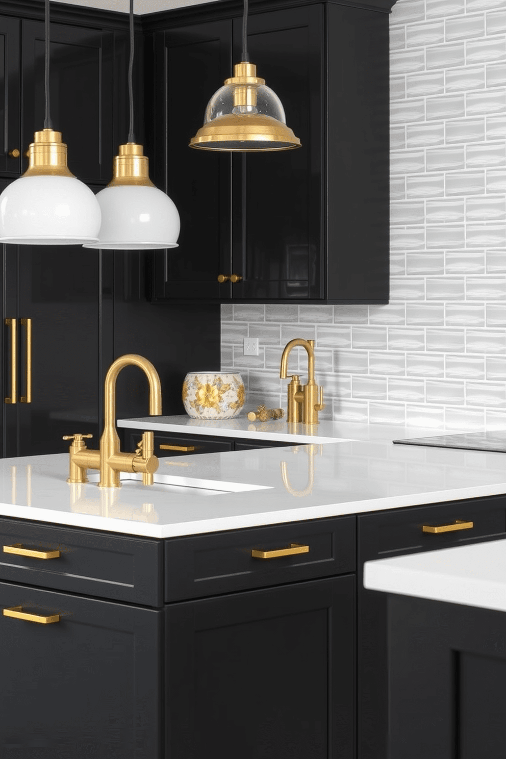 A contemporary European kitchen design featuring a blend of brass and stainless steel fixtures. The cabinetry is a sleek matte black with gold hardware, complemented by a large island topped with a white quartz countertop. The backsplash is a glossy subway tile in a soft gray tone, creating a subtle contrast with the dark cabinetry. Pendant lights with mixed metal finishes hang above the island, adding a touch of elegance to the space.