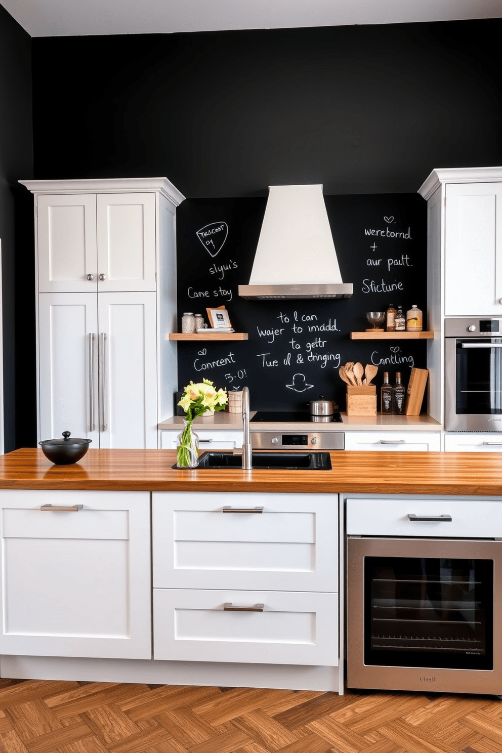 A playful chalkboard wall serves as a unique focal point in a modern European kitchen. The wall is painted in a matte black finish, inviting creativity and personal expression while complementing the sleek cabinetry and stainless steel appliances. Bright white cabinets with minimalist hardware contrast beautifully with the dark wall, creating a clean and sophisticated look. A large island with a polished wood countertop offers ample space for meal preparation and casual dining, enhancing the kitchen's functionality and style.