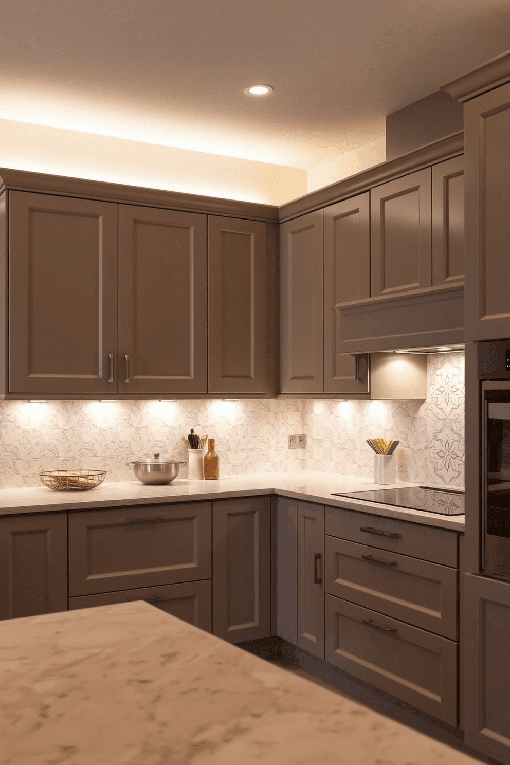 A European kitchen design featuring sleek cabinetry with under-cabinet lighting that creates a warm and inviting ambiance. The countertops are made of polished stone, and the backsplash is adorned with intricate tile work, enhancing the overall aesthetic.