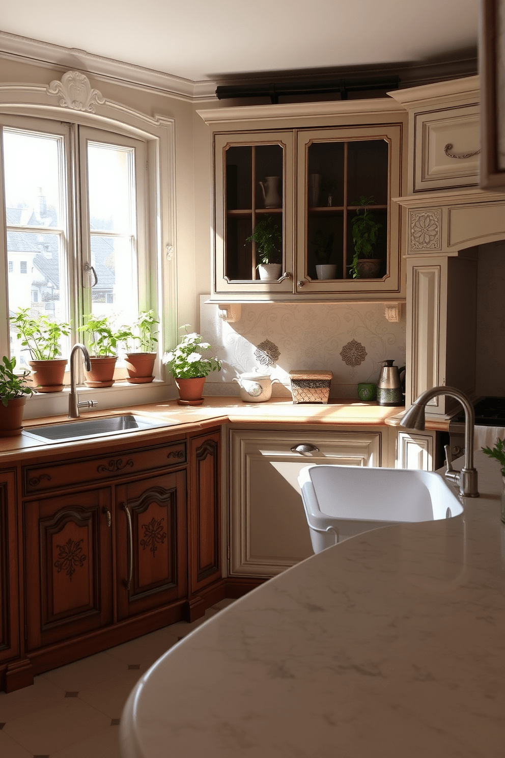 A charming European kitchen featuring a herb garden on the windowsill adds a touch of freshness. The kitchen showcases elegant cabinetry with intricate detailing and a large farmhouse sink beneath a sunlit window.