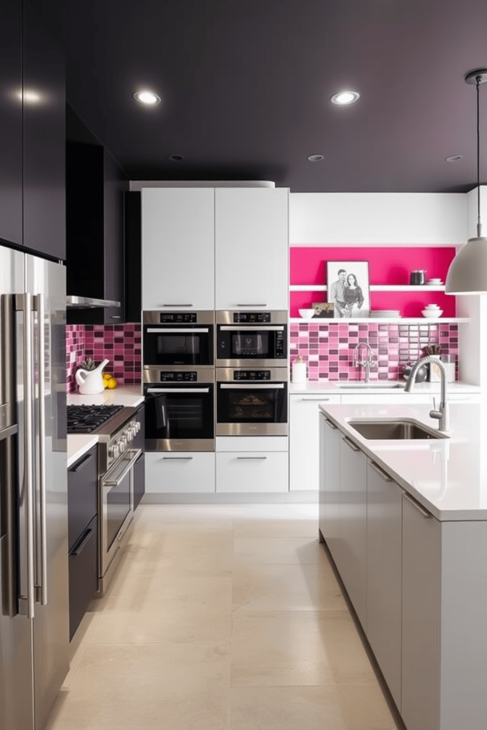 A European kitchen design featuring a bold backsplash that adds a vibrant pop of color. The cabinetry is sleek and modern, complemented by stainless steel appliances and a large island for cooking and entertaining.