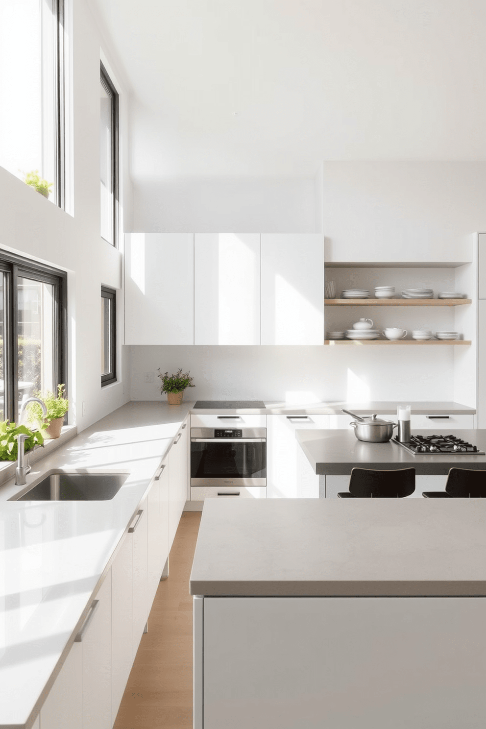 A minimalist kitchen design featuring sleek cabinetry with a matte white finish and integrated handles for a seamless look. The countertops are made of polished concrete, and a large island serves as both a cooking space and a casual dining area with modern bar stools. Natural light floods the room through large windows, highlighting the simplicity of the decor. A few potted herbs on the windowsill add a touch of greenery, while open shelving displays carefully curated dishware for an uncluttered feel.