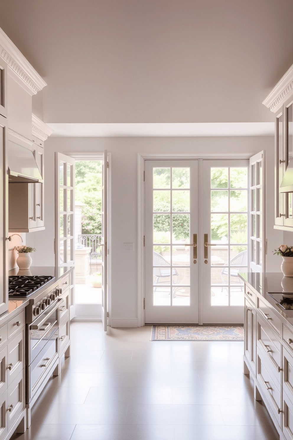 A bright and airy European kitchen featuring elegant French doors that open to a charming outdoor patio. The kitchen is designed with a mix of modern and traditional elements, showcasing white cabinetry, a large central island, and high-end appliances.