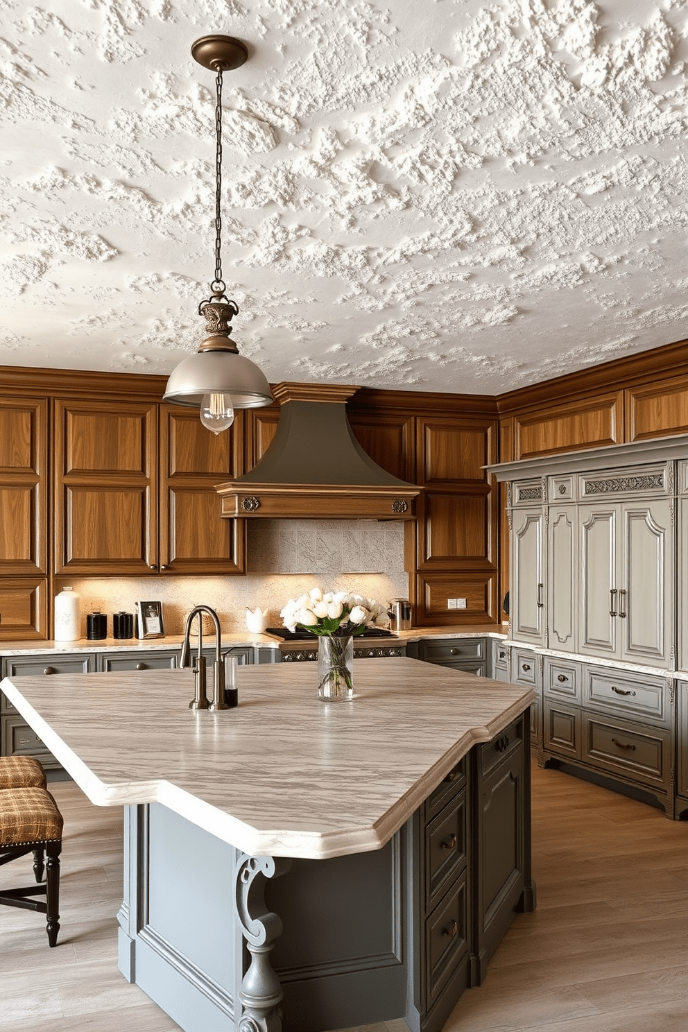 Textured wall finishes create a rich and inviting atmosphere in a European kitchen. The walls feature a combination of plaster and wood paneling, enhancing the overall warmth and character of the space. The kitchen showcases a large island with a natural stone countertop, complemented by elegant pendant lights overhead. Custom cabinetry with intricate detailing and a muted color palette adds sophistication and charm to the design.