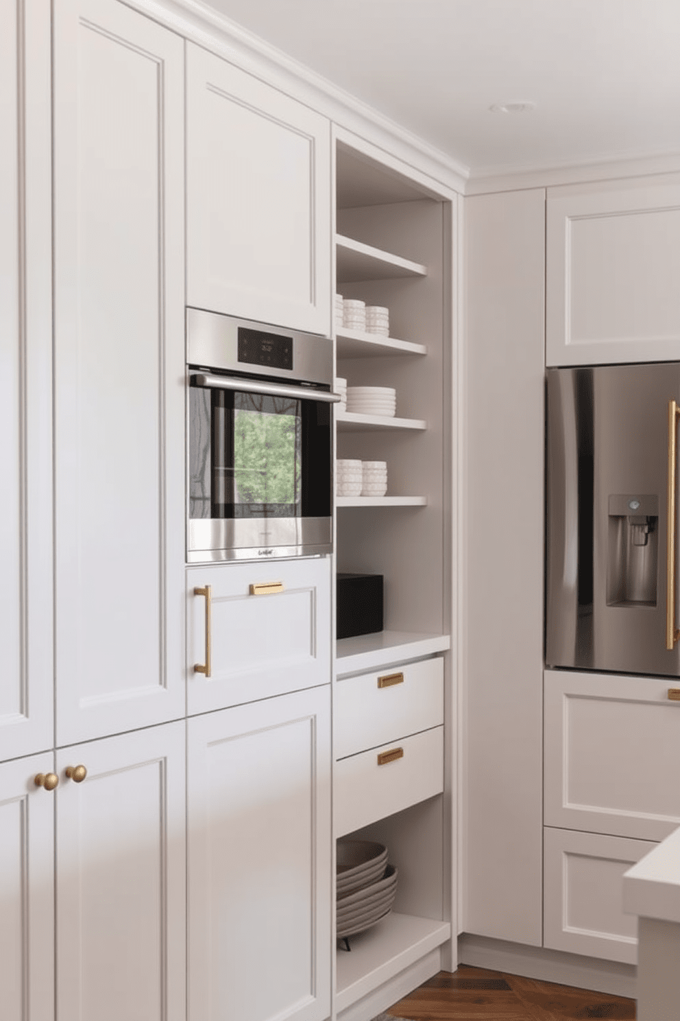 Custom cabinetry designed to maximize storage in a European kitchen features sleek lines and integrated appliances for a seamless look. The cabinetry is finished in a soft matte white with brass hardware, providing both elegance and functionality while maintaining a spacious feel.