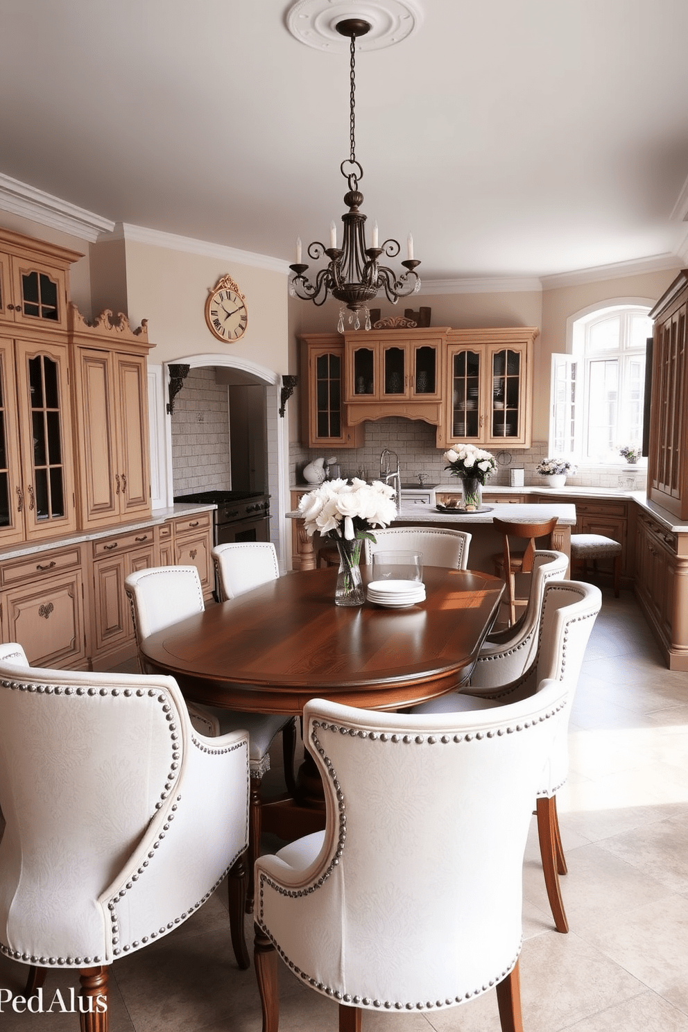 A warm and inviting European kitchen features a large wooden dining table surrounded by comfortable upholstered chairs. The kitchen showcases classic cabinetry with intricate details, soft pastel colors, and a cozy breakfast nook by a window.