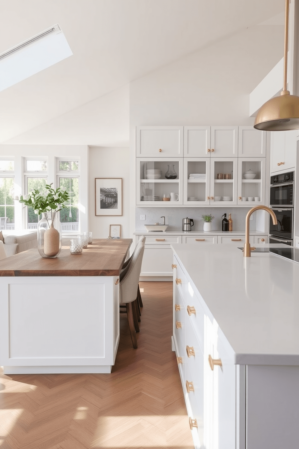 Open floor plan concept featuring a European kitchen that emphasizes seamless flow between spaces. The kitchen boasts sleek cabinetry in soft white with brushed brass hardware, complemented by a large island with a quartz countertop that serves as a gathering spot. Natural light floods the area through expansive windows, enhancing the airy atmosphere. A stylish dining area with a rustic wooden table and upholstered chairs sits adjacent to the kitchen, creating an inviting space for entertaining.