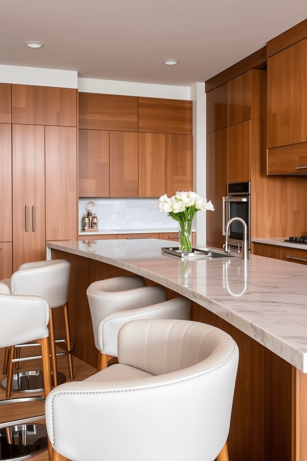 Contemporary bar stools with sleek lines and plush upholstery are arranged around a large kitchen island. The kitchen features a blend of warm wood cabinetry and cool marble countertops, creating a harmonious balance in the space.