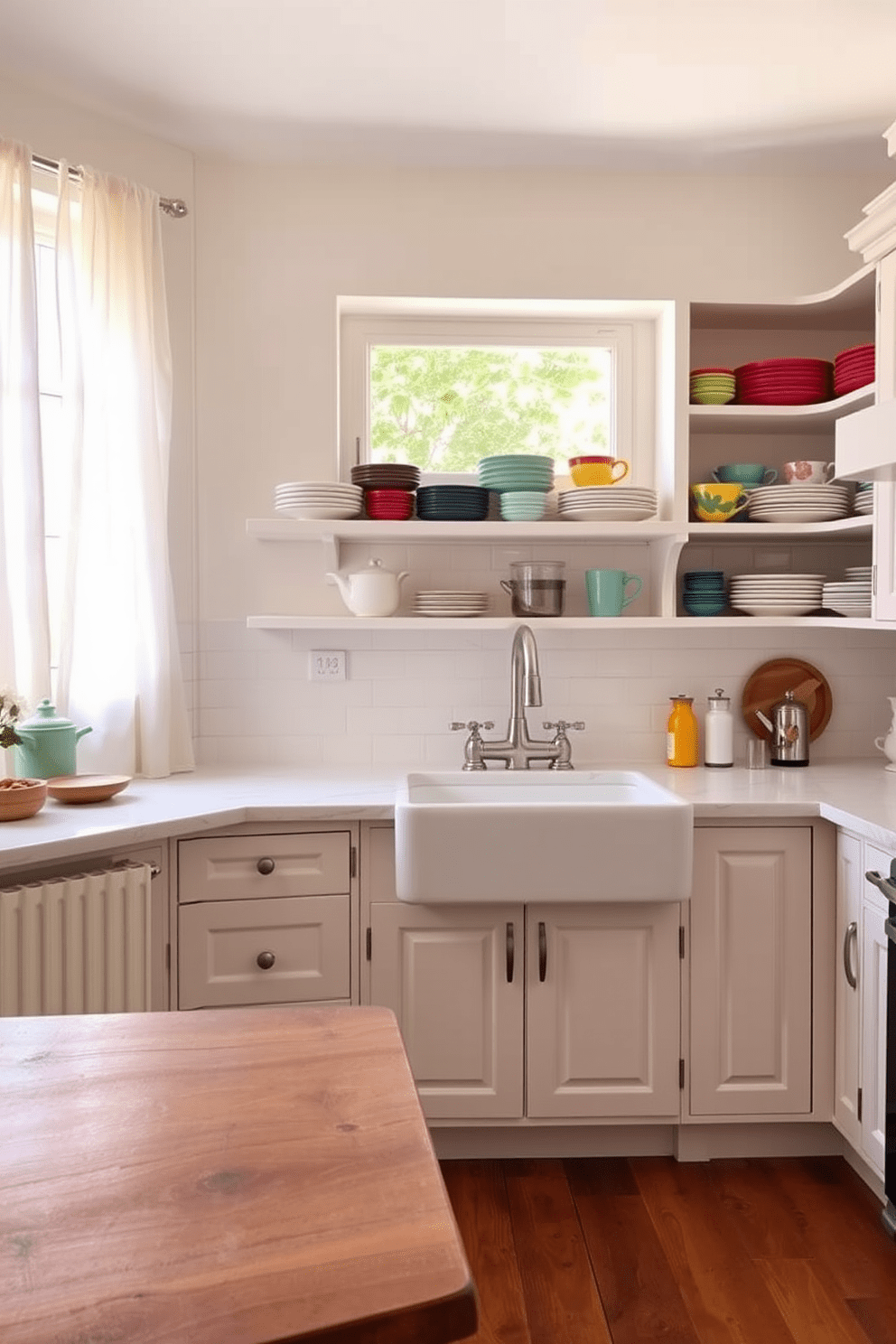 Colorful dishware arranged neatly on open shelves adds a playful touch to the kitchen. The cabinets are painted in a soft pastel hue, creating a warm and inviting atmosphere. A large farmhouse sink sits beneath a window adorned with light, airy curtains. The countertops are a mix of white marble and reclaimed wood, enhancing the European charm of the space.