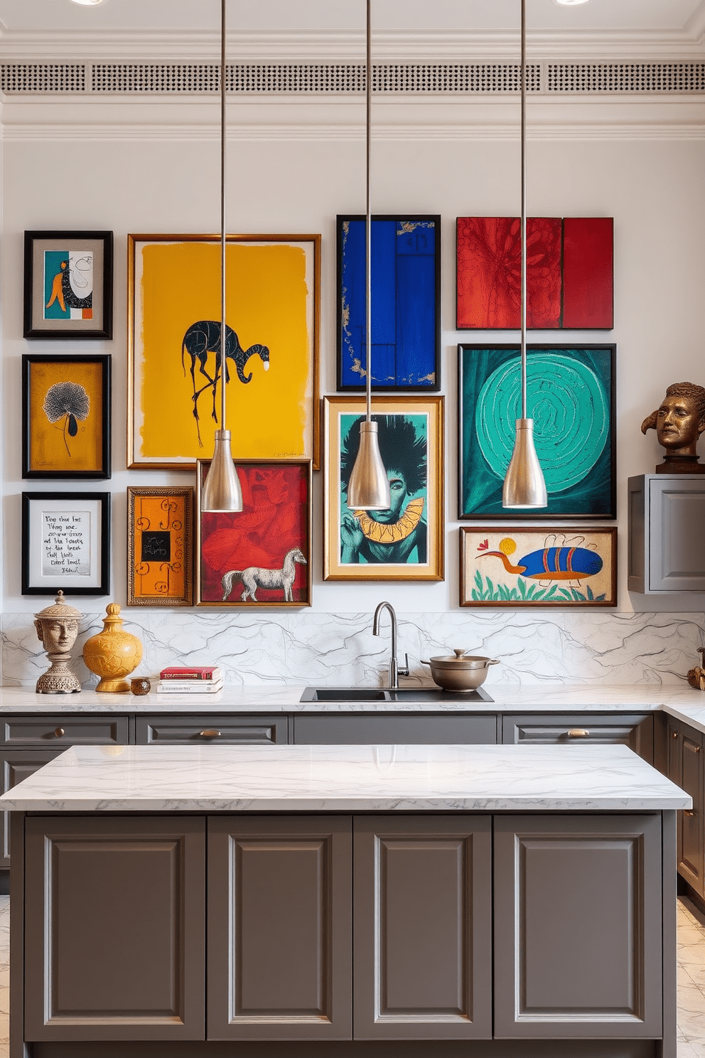 Artistic wall decor that showcases vibrant colors and unique textures. The arrangement includes a mix of framed abstract art and handcrafted sculptures that reflect personal style. European kitchen design ideas featuring sleek cabinetry and elegant finishes. The space includes a large island with a marble countertop, complemented by pendant lighting and classic tile backsplash.