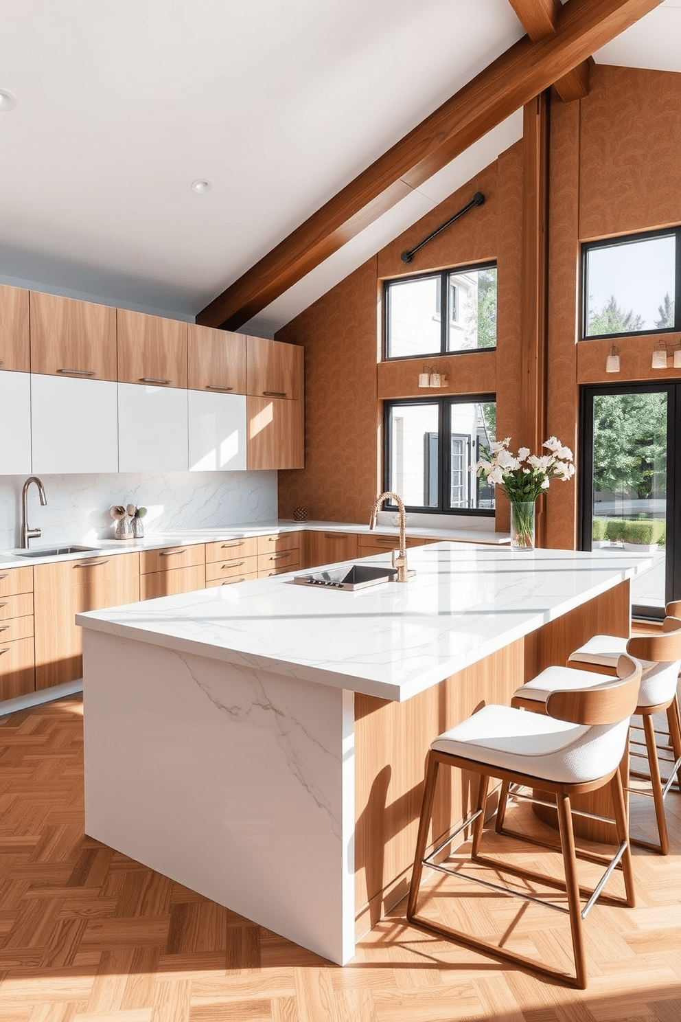 A contemporary European kitchen featuring sleek marble countertops that exude luxury. The cabinetry is a mix of matte white and natural wood, creating a harmonious balance of modern and rustic elements. An oversized island takes center stage, topped with a stunning slab of marble and complemented by elegant bar stools. Large windows allow natural light to flood the space, highlighting the intricate details of the backsplash and the warm tones of the flooring.