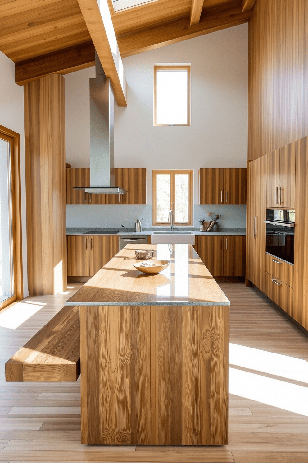 A modern European kitchen featuring sustainable materials such as bamboo cabinetry and recycled glass countertops. The space is filled with natural light, highlighting the warm tones of the wood and the sleek lines of the minimalist design. The kitchen includes energy-efficient appliances seamlessly integrated into the cabinetry. A large island with seating made from reclaimed wood serves as a central gathering place for family and friends.