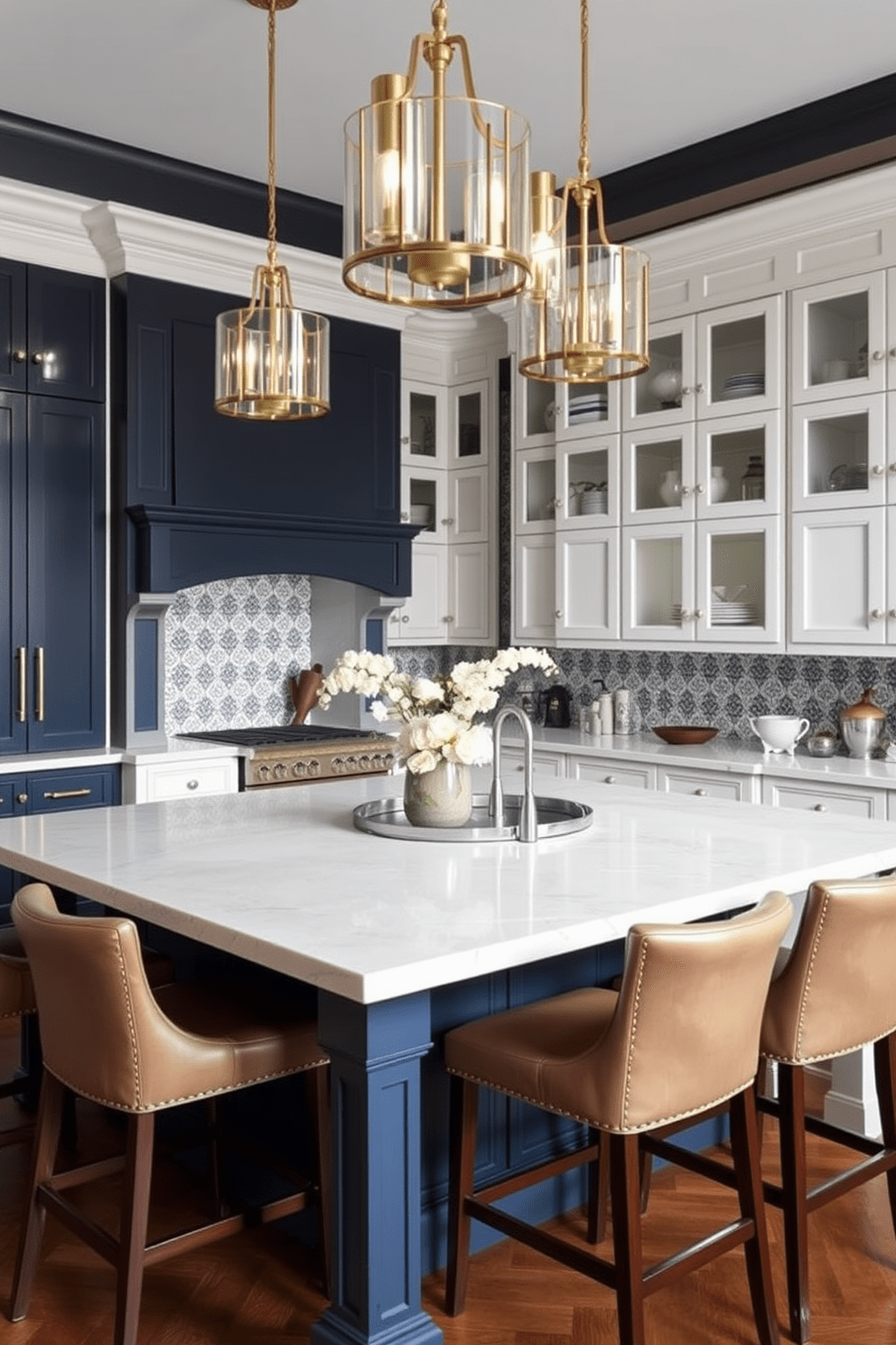 Elegant pendant lights hang gracefully over a spacious kitchen island. The island features a sleek marble countertop, complemented by high-backed stools in soft leather. The cabinetry showcases a blend of classic white and deep navy finishes, creating a timeless appeal. A stylish backsplash with intricate tile patterns adds a touch of sophistication to the overall design.