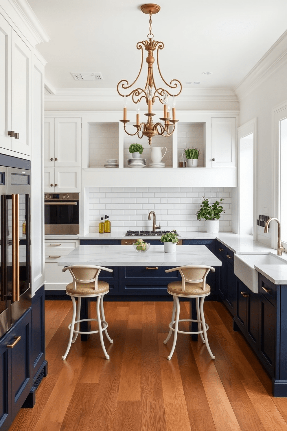 A European kitchen featuring classic subway tiles that add timeless appeal. The space includes a large central island with a marble countertop and elegant bar stools for seating. The cabinetry is a blend of deep navy and crisp white, creating a striking contrast. A vintage-inspired chandelier hangs above the island, providing warm lighting that enhances the inviting atmosphere. Open shelving displays elegant dishware, while potted herbs add a touch of greenery to the decor. The flooring consists of wide-plank hardwood, complementing the overall sophisticated design.