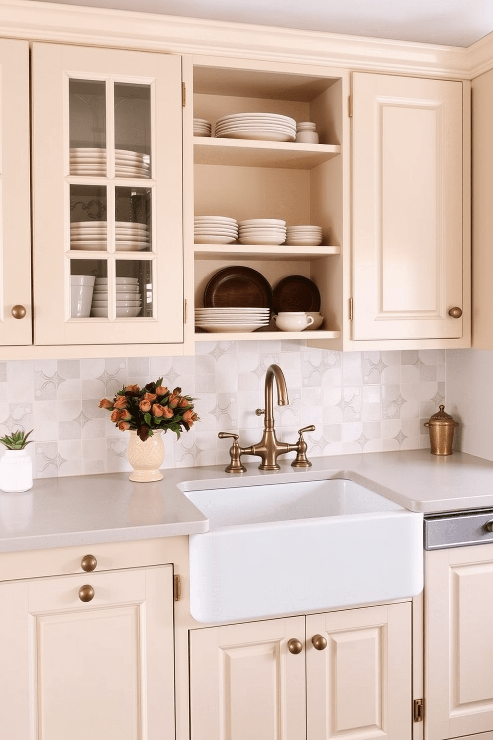 A charming European kitchen featuring a large farmhouse sink that adds a vintage touch. The cabinetry is painted in soft pastel hues, complemented by brass hardware and open shelving displaying rustic dishware.