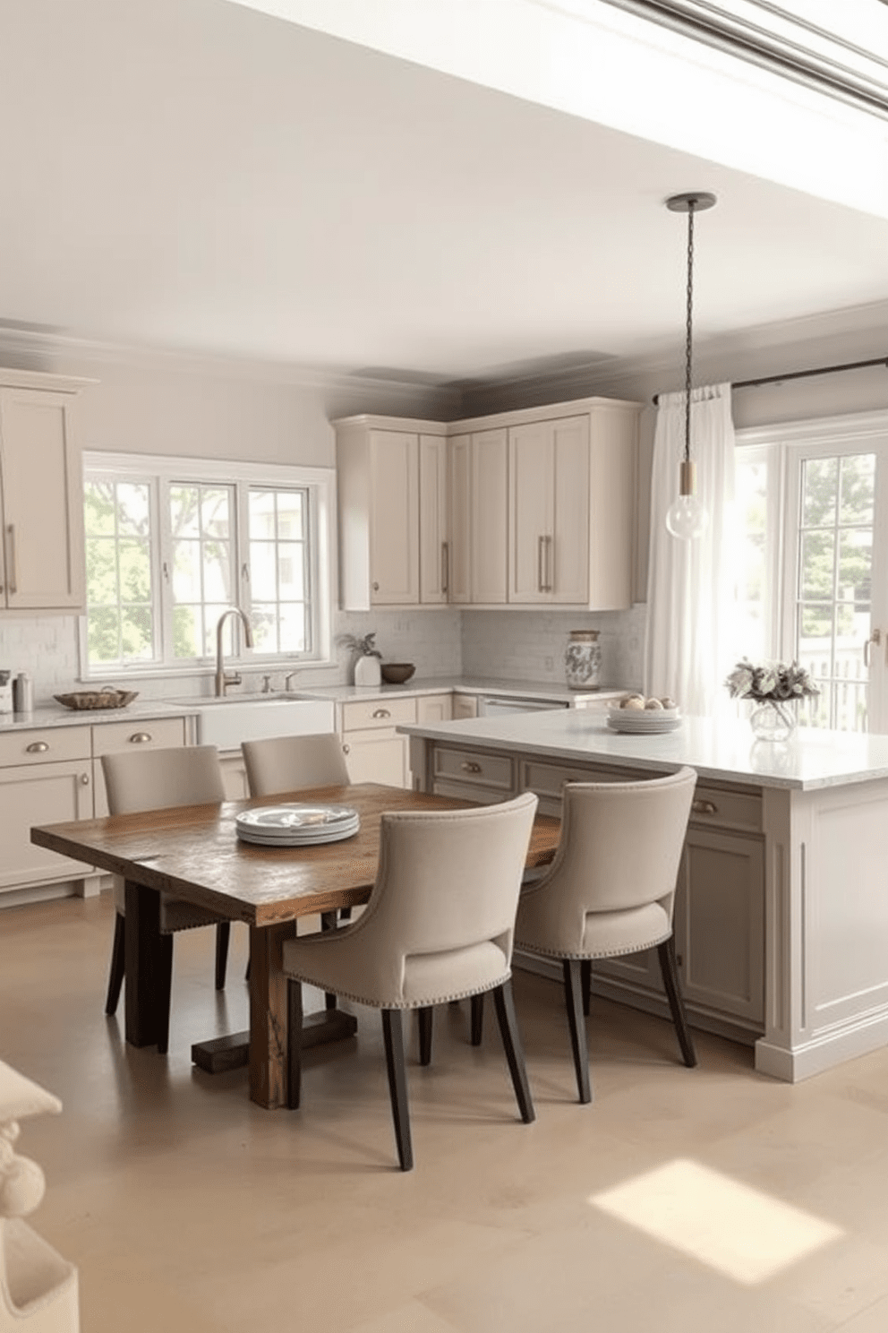 A serene kitchen space featuring a neutral color palette that promotes a calming atmosphere. The cabinetry is a soft beige with brushed brass hardware, complemented by a white marble backsplash and a large island topped with light gray quartz. Natural light floods the room through large windows adorned with sheer white curtains. A rustic wooden dining table sits adjacent to the kitchen, surrounded by upholstered chairs in muted tones, creating an inviting gathering spot.