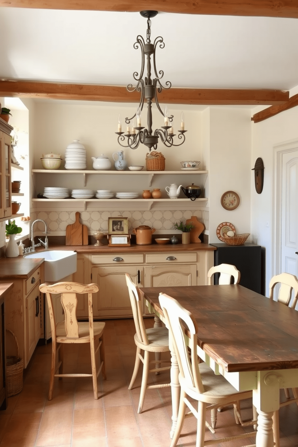 A charming European kitchen filled with vintage accents invites warmth and character. The space features distressed wooden cabinets, a farmhouse sink, and a large rustic dining table surrounded by mismatched chairs. Soft pastel colors adorn the walls, complemented by open shelving displaying antique dishware. A vintage chandelier hangs above the table, casting a warm glow over the cozy atmosphere.