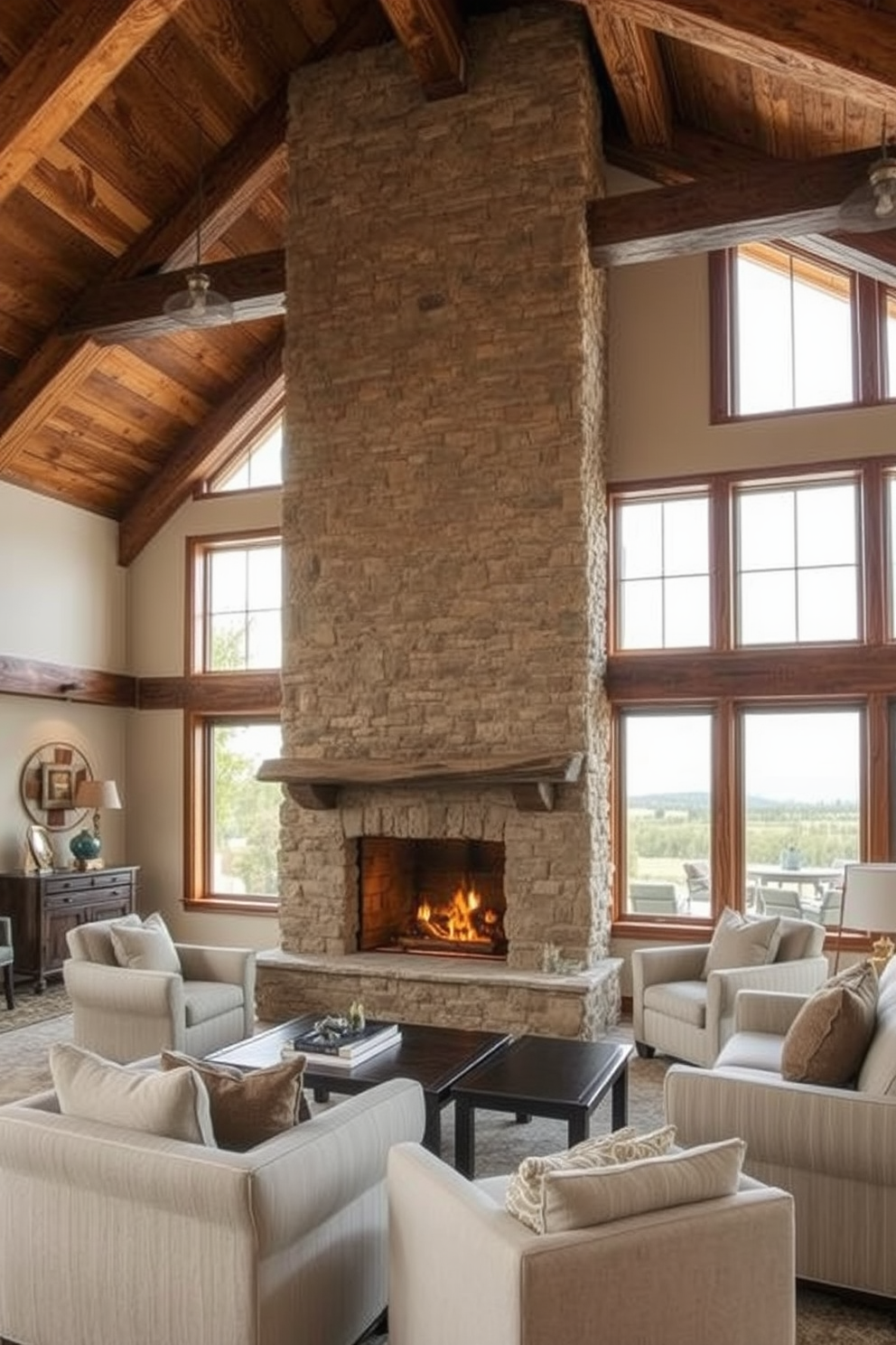 Cozy fireplace with rustic wooden beams. The room features a large stone fireplace as the focal point, surrounded by comfortable seating in soft, neutral fabrics. Exposed wooden beams stretch across the ceiling, adding warmth and character. Large windows allow natural light to flood the space, showcasing views of the surrounding landscape.