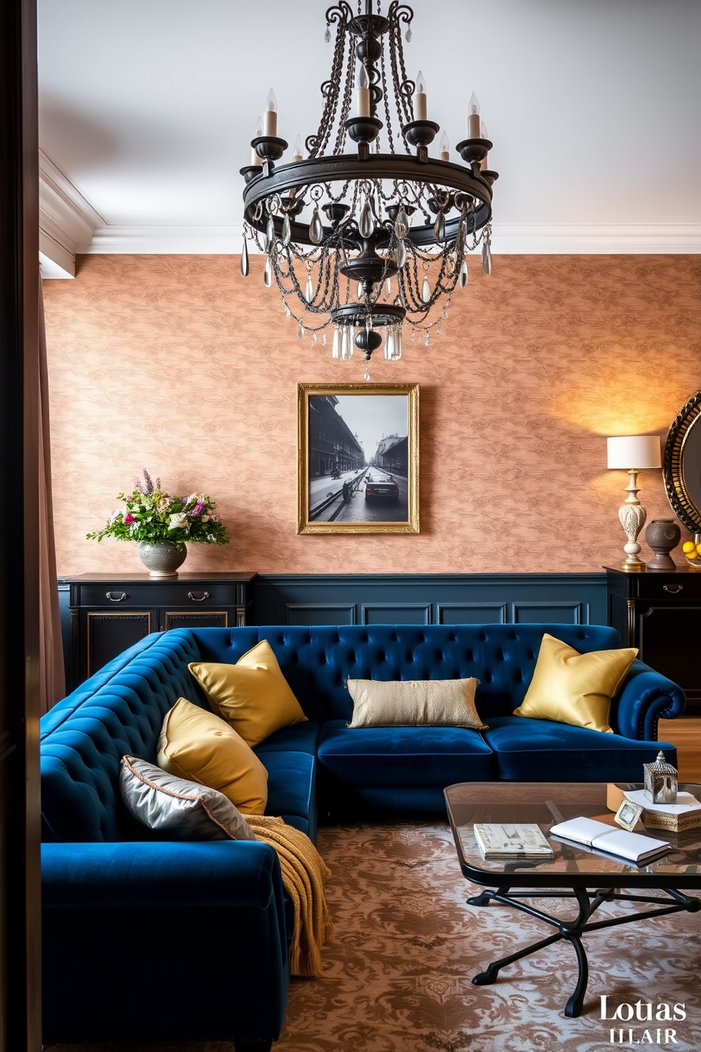 A European living room featuring textured wallpaper that adds depth and sophistication to the space. The room includes a plush velvet sofa in deep blue, complemented by gold accent pillows and a large, ornate chandelier hanging from the ceiling.