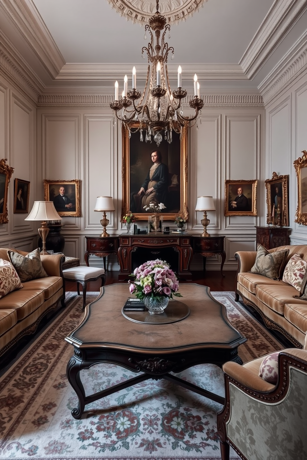 A vintage coffee table serves as the focal point of this elegant European living room. Surrounding the table are plush sofas upholstered in rich fabrics, complemented by ornate throw pillows and a soft area rug beneath. The walls are adorned with classic artwork in gilded frames, enhancing the room's sophisticated ambiance. A grand chandelier hangs from the ceiling, casting a warm glow over the space and highlighting the intricate moldings.