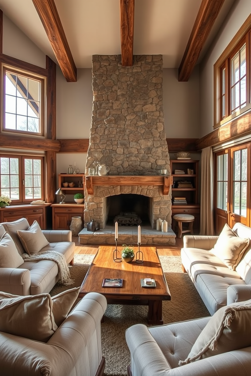 A cozy European living room featuring natural materials like wood and stone. The room includes a large stone fireplace as the focal point, surrounded by wooden beams and rustic furniture. Soft, neutral textiles adorn the seating area, complemented by a wooden coffee table and stone accents. Large windows allow natural light to flood the space, highlighting the warmth of the wood and the textures of the stone.