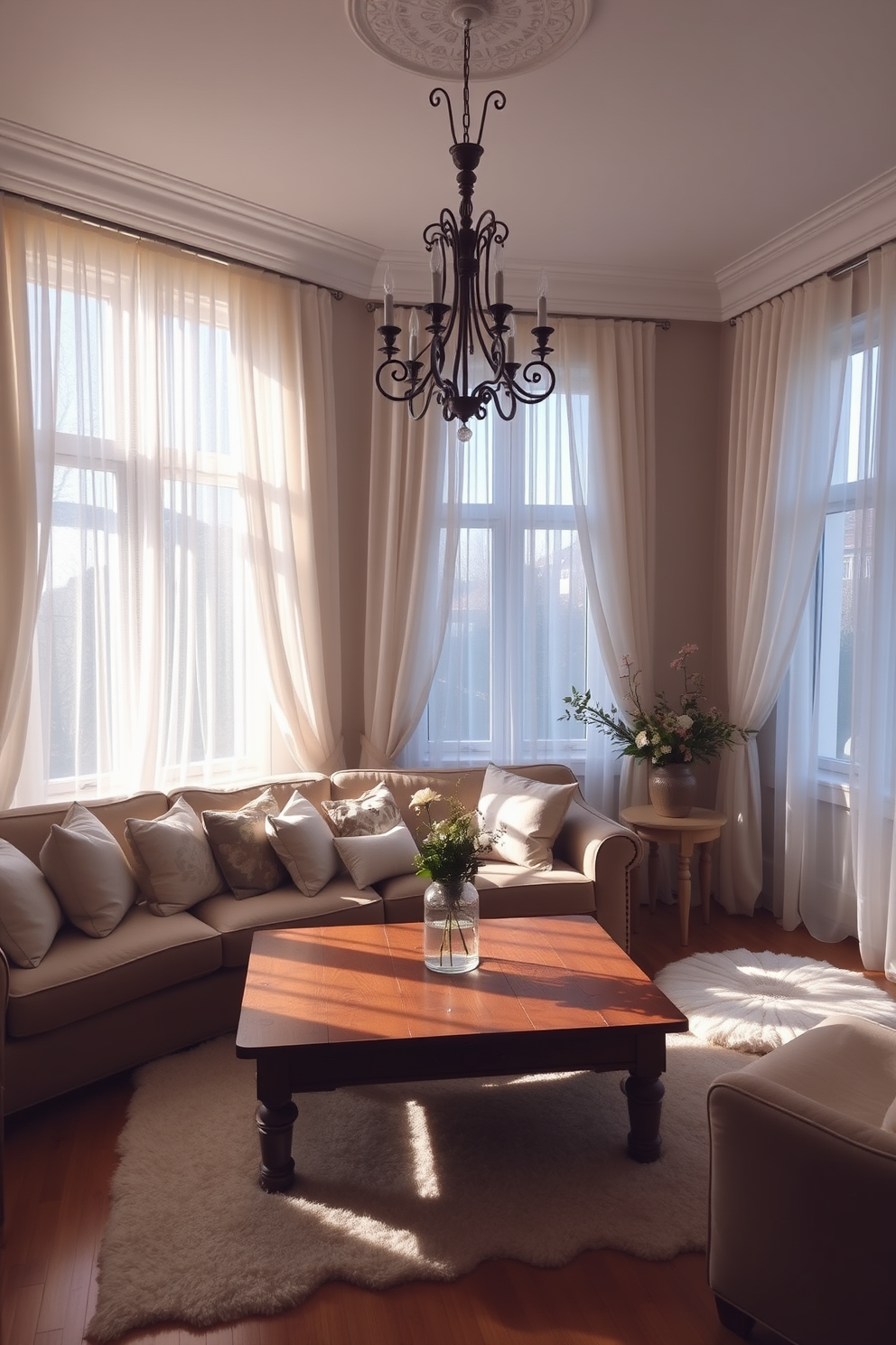 A cozy European living room filled with soft drapes that create a romantic ambiance. The space features a plush sofa adorned with pastel cushions and an elegant coffee table made of reclaimed wood. Large windows are dressed in sheer white curtains that gently filter the light, enhancing the warm tones of the room. A classic chandelier hangs from the ceiling, adding a touch of sophistication to the inviting atmosphere.