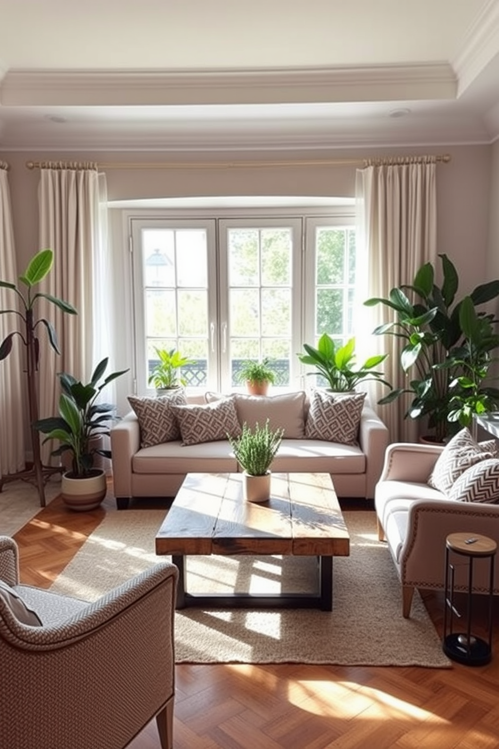 A cozy European living room filled with natural light. There are lush indoor plants placed in stylish ceramic pots around the room, adding a fresh touch to the space. The seating area features a plush sofa in a neutral color, complemented by patterned throw pillows. A rustic coffee table made of reclaimed wood sits in the center, surrounded by elegant armchairs.