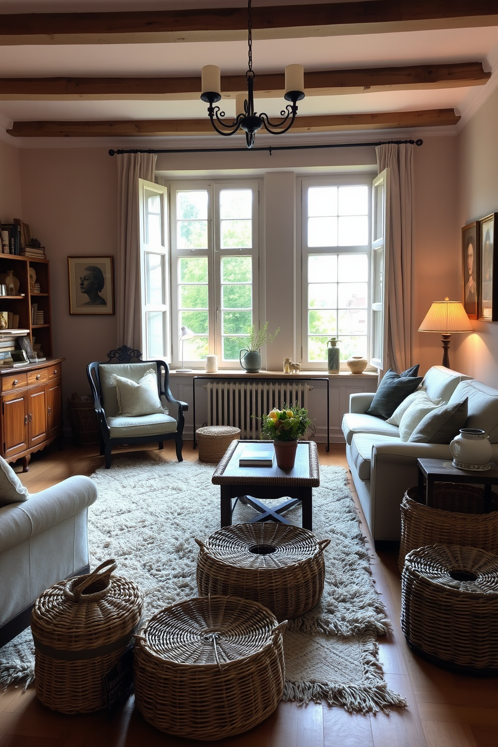 A cozy European living room featuring woven baskets as stylish storage solutions. The room is adorned with a mix of vintage and contemporary furniture, creating a warm and inviting atmosphere. Soft, neutral-toned walls complement a plush area rug that anchors the seating arrangement. Large windows allow natural light to flood in, highlighting the textures of the woven baskets placed strategically around the room.