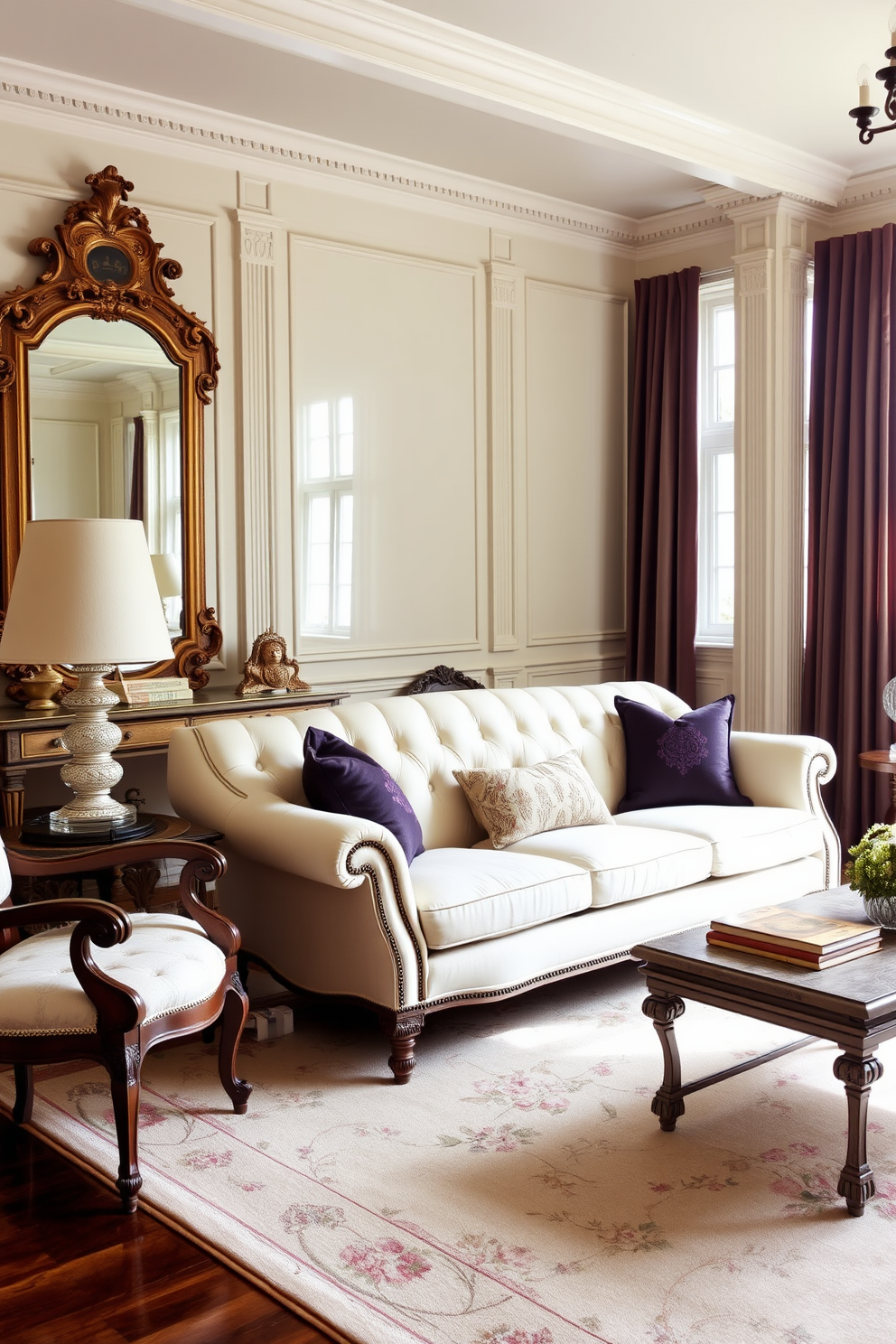 An elegant tufted sofa in a soft cream color takes center stage in the living room, complemented by vintage accent chairs with intricate woodwork. The walls are adorned with classic moldings, and a large ornate mirror reflects the natural light streaming in from the tall windows. A plush area rug anchors the seating arrangement, featuring a delicate floral pattern that adds warmth to the space. Decorative throw pillows in rich jewel tones provide a pop of color, while a vintage coffee table with a distressed finish adds character to the room.