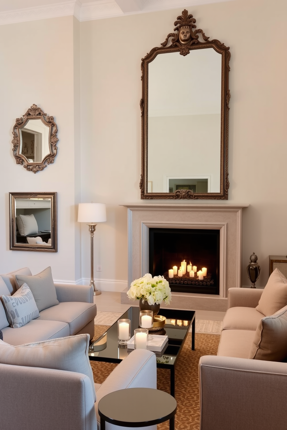 Elegant mirrors to enhance light reflection. The living room features a large ornate mirror above a sleek fireplace, reflecting the warm glow of candlelight. The walls are painted in soft pastel tones, creating a serene backdrop. Plush sofas in neutral fabrics are arranged around a stylish coffee table, inviting relaxation and conversation.