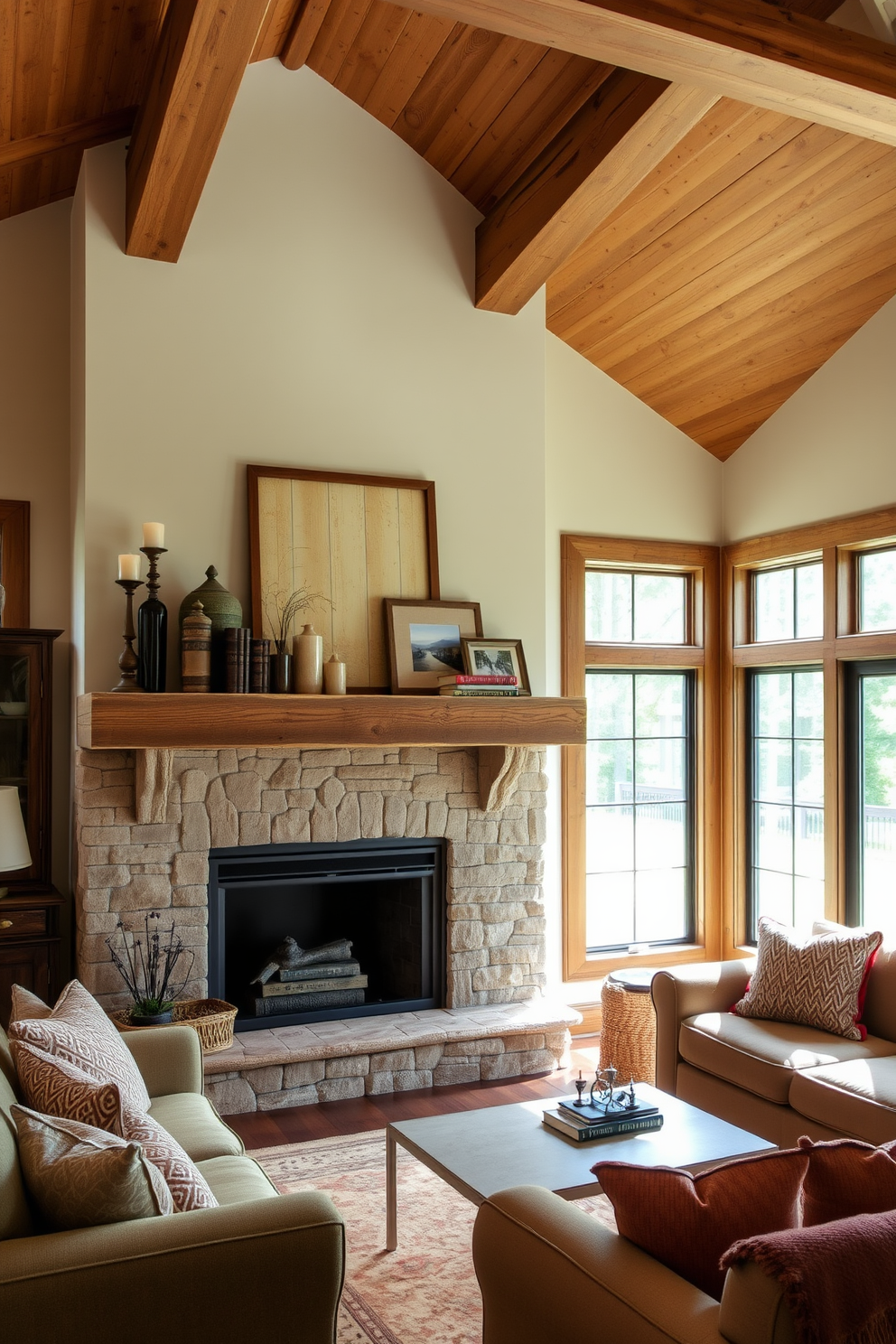 A rustic fireplace mantel made of reclaimed wood serves as the focal point of the living room. Above the mantel, an assortment of decorative items including candles, vintage books, and framed photographs create a warm and inviting atmosphere. The living room features plush seating in earthy tones and a large area rug that complements the rustic theme. Large windows allow natural light to flood the space, highlighting the exposed wooden beams on the ceiling.