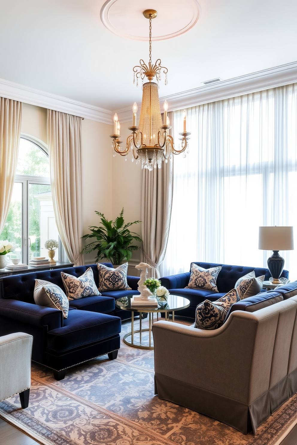 A luxurious living room setting featuring plush velvet sofas in deep jewel tones paired with soft linen accent chairs. The space is adorned with an elegant area rug, and large windows draped with flowing sheer curtains allow natural light to fill the room. A grand chandelier hangs from the ceiling, casting a warm glow over the space. Decorative throw pillows in various textures and patterns add depth and comfort to the seating arrangement.