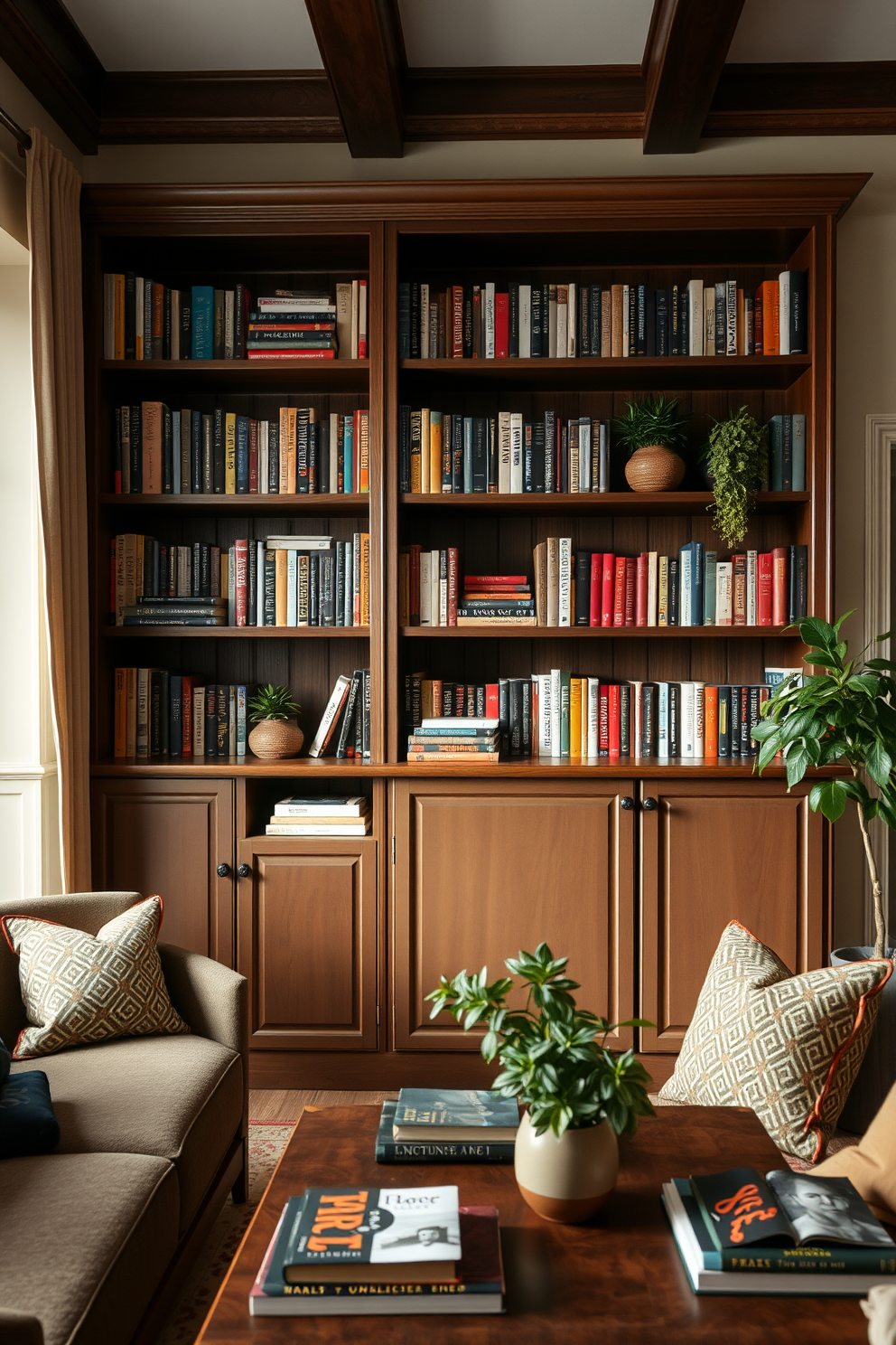 A cozy European living room featuring functional built-in shelves designed for books. The shelves are crafted from dark wood and are filled with an array of colorful books, complemented by decorative items and plants.