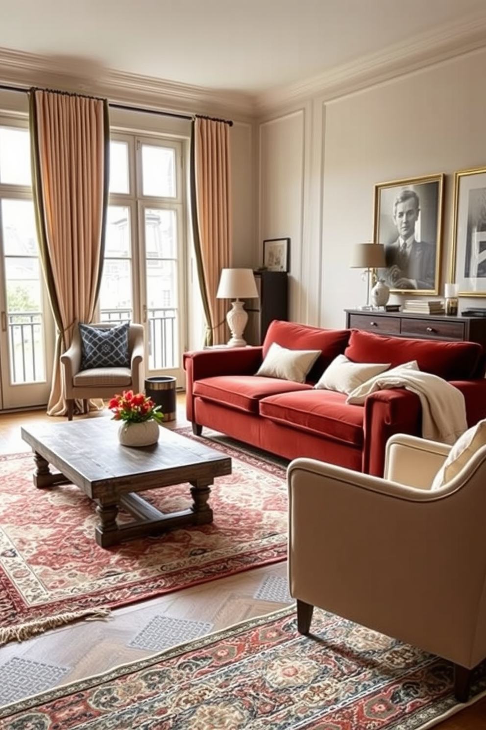 A stylish European living room featuring layered area rugs that add depth and texture to the space. The room showcases a plush velvet sofa in a rich color, complemented by a mix of patterned and solid rugs beneath a rustic wooden coffee table. Large windows allow natural light to flood the room, highlighting the elegant drapery and art pieces on the walls. A cozy reading nook is created with a comfortable armchair, a small side table, and a soft throw blanket draped over the arm.